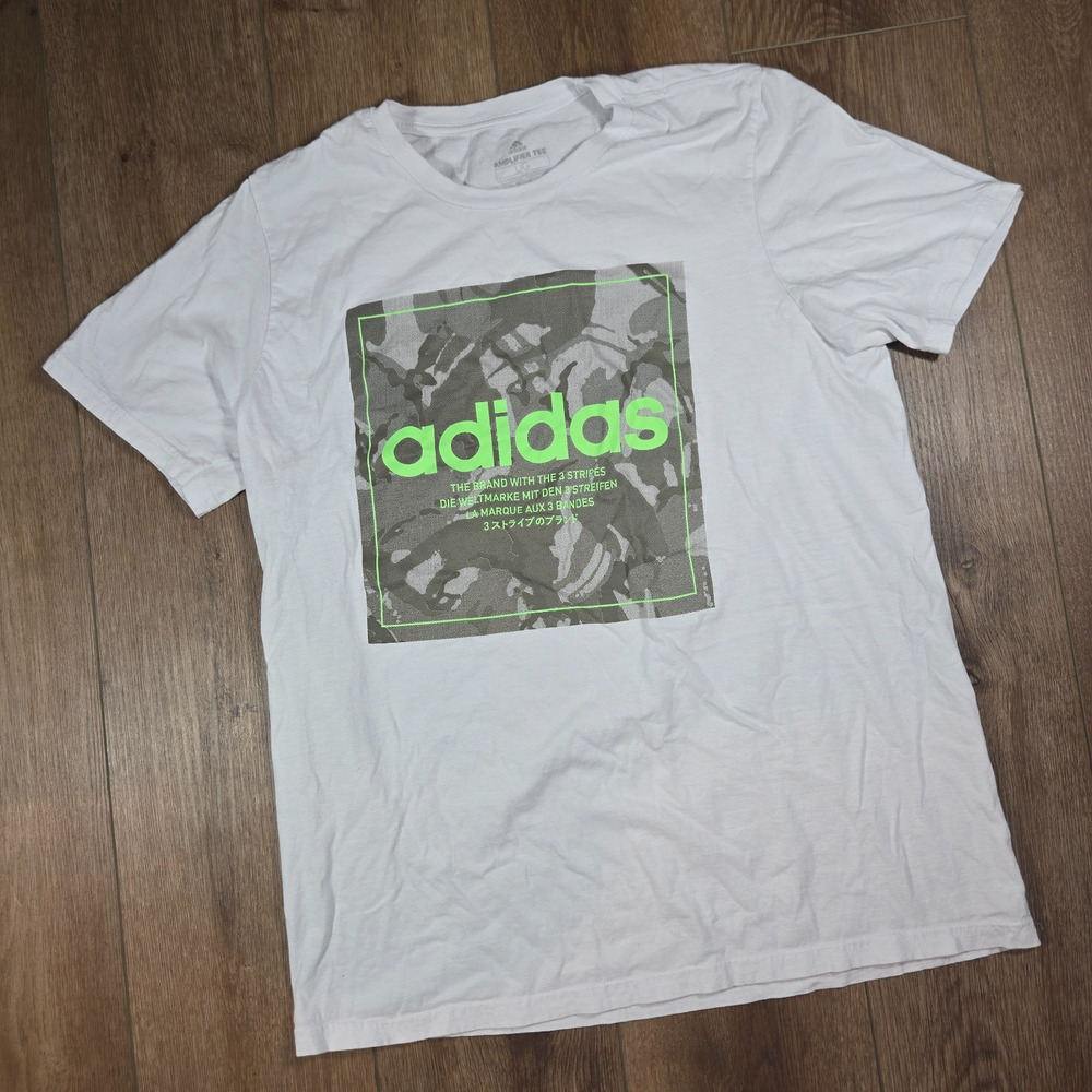 Adidas Primeblue T Shirt Mens L White Camo Logo 3 Stripes Athletic Streetwear